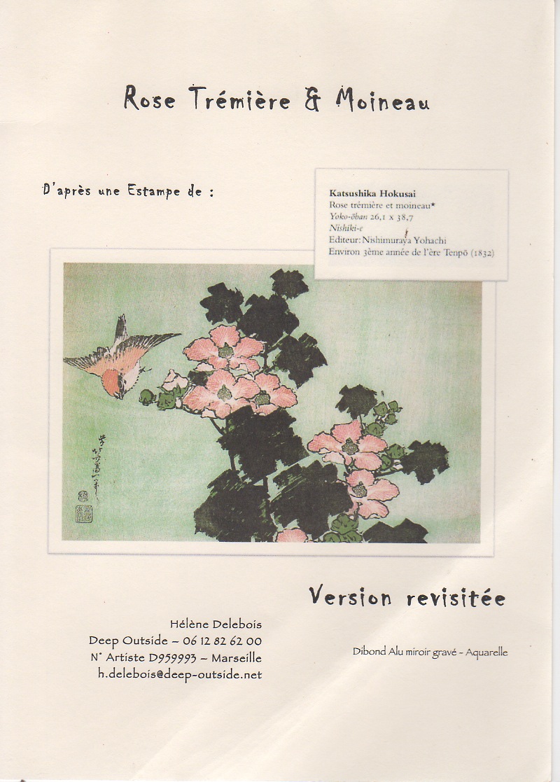 Rose Trémière & Moineau - D'après une Estampe de Hokusai - Dibon miroir gravé, encre de Chine et aquarelle - Deep Outside Hélène Delebois